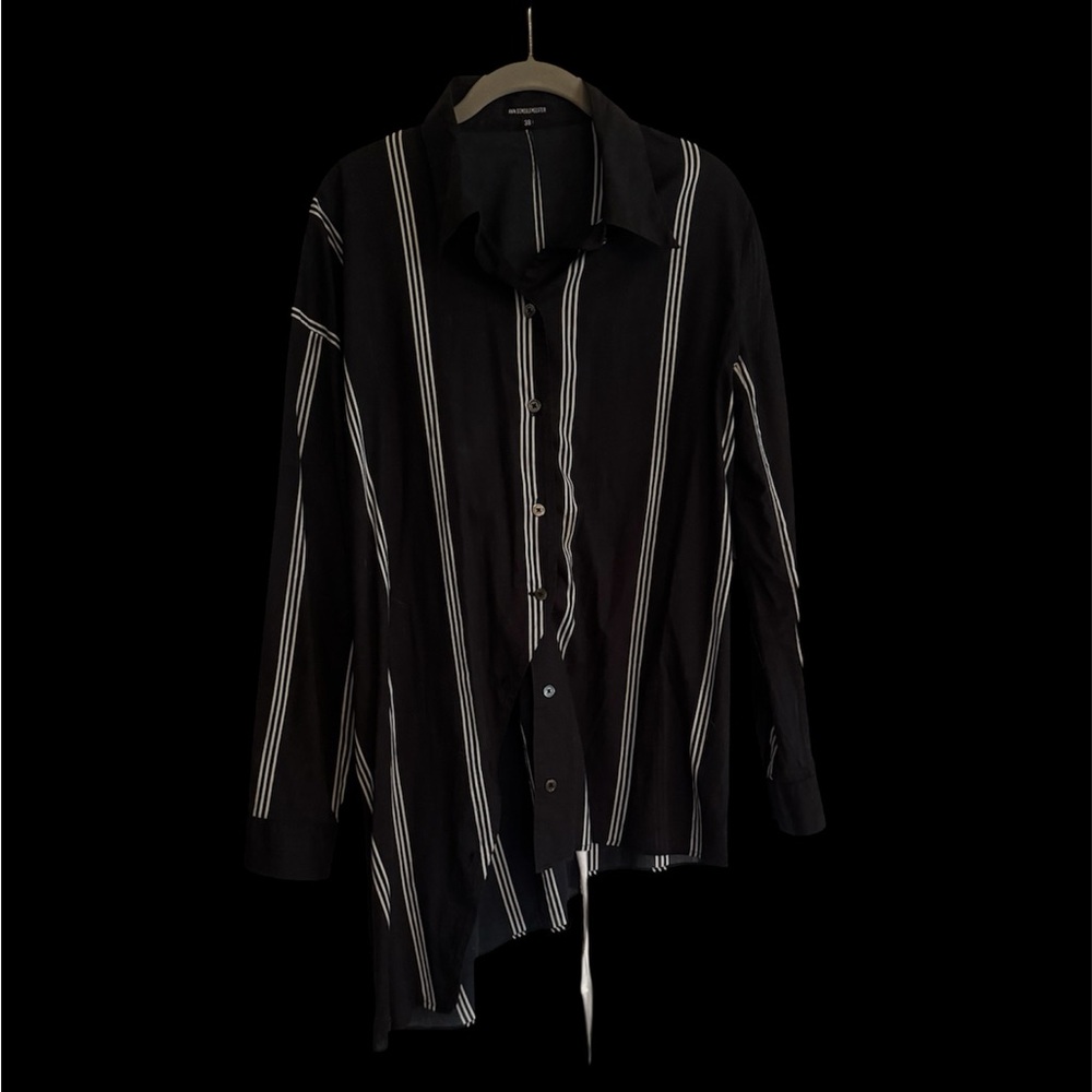 Asymmetrical Black and White Striped Women's Button Down Shirt Sz 38